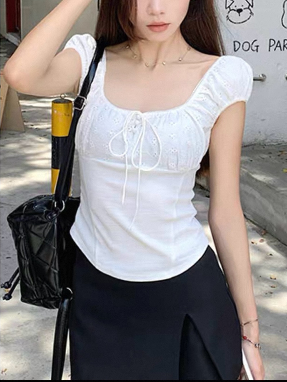 Women's White Tie-Front Puff Sleeve Top OS NEW